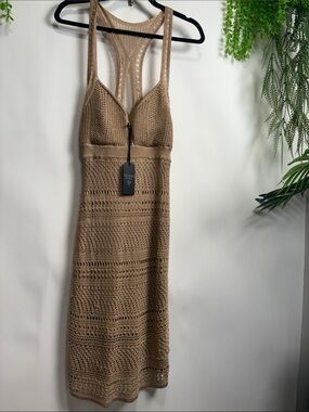 GUESS Tan Crochet Racerback Midi Dress
